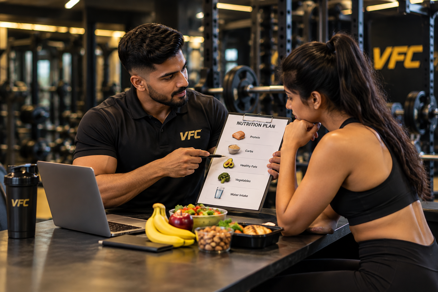 Trainer discussing nutrition plan with a member